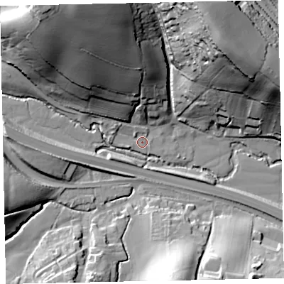 Shaded relief map of the ground around EX29RG, computed from Environment Agency LiDAR. The ground here sits at about 20 m above sea level and falls 57 m across the surrounding 800 m. Surface water reaching this point runs off ground lying to the north-north-west, 51.7 m higher.
