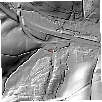 Shaded relief map of the ground around EX29RH, computed from Environment Agency LiDAR. The ground here sits at about 22 m above sea level and falls 49 m across the surrounding 800 m. Surface water reaching this point runs off ground lying to the west, 36.0 m higher.