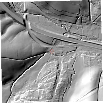 Shaded relief map of the ground around EX29RJ, computed from Environment Agency LiDAR. The ground here sits at about 23 m above sea level and falls 45 m across the surrounding 800 m. Surface water reaching this point runs off ground lying to the west, 39.9 m higher.