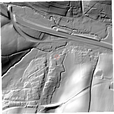 Shaded relief map of the ground around EX29RL, computed from Environment Agency LiDAR. The ground here sits at about 23 m above sea level and falls 55 m across the surrounding 800 m. Surface water reaching this point runs off ground lying to the south-south-west, 8.7 m higher.