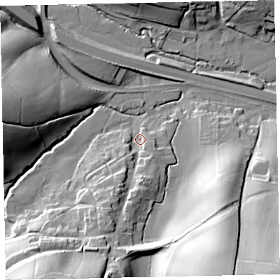 Shaded relief map of the ground around EX29RN, computed from Environment Agency LiDAR. The ground here sits at about 24 m above sea level and falls 57 m across the surrounding 800 m. Surface water reaching this point runs off ground lying to the south-south-west, 36.2 m higher.