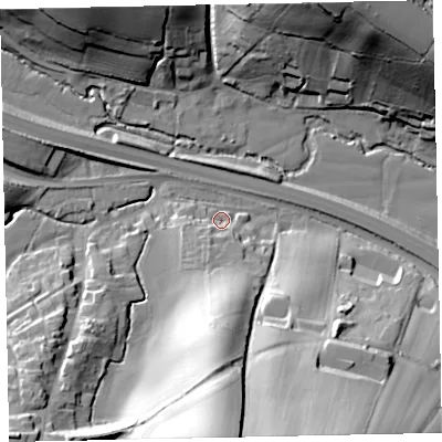 Shaded relief map of the ground around EX29RY, computed from Environment Agency LiDAR. The ground here sits at about 21 m above sea level and falls 52 m across the surrounding 800 m. Surface water reaching this point runs off ground lying to the south, 47.9 m higher.
