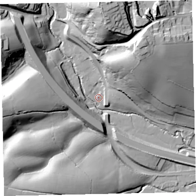 Shaded relief map of the ground around EX29SU, computed from Environment Agency LiDAR. The ground here sits at about 24 m above sea level and falls 65 m across the surrounding 800 m. Surface water reaching this point runs off ground lying to the north-east, 50.0 m higher.