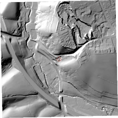 Shaded relief map of the ground around EX29SW, computed from Environment Agency LiDAR. The ground here sits at about 40 m above sea level and falls 70 m across the surrounding 800 m. Surface water reaching this point runs off ground lying to the north, 44.6 m higher.