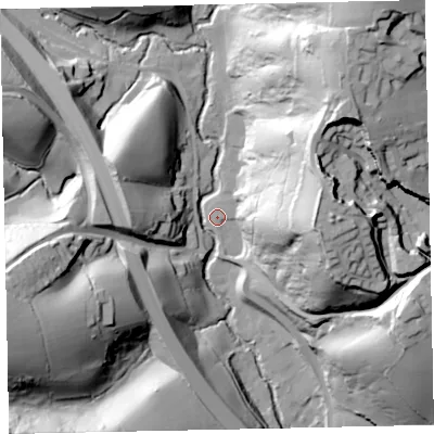 Shaded relief map of the ground around EX29SX, computed from Environment Agency LiDAR. The ground here sits at about 28 m above sea level and falls 71 m across the surrounding 800 m. Surface water reaching this point runs off ground lying to the east, 15.7 m higher.