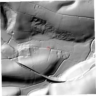 Shaded relief map of the ground around EX29TG, computed from Environment Agency LiDAR. The ground here sits at about 37 m above sea level and falls 69 m across the surrounding 800 m. Surface water reaching this point runs off ground lying to the south-south-west, 24.5 m higher.