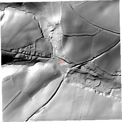 Shaded relief map of the ground around EX29UH, computed from Environment Agency LiDAR. The ground here sits at about 73 m above sea level and falls 81 m across the surrounding 800 m. Surface water reaching this point runs off ground lying to the north, 73.9 m higher.