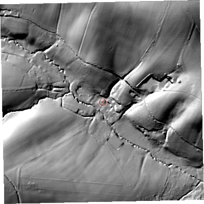 Shaded relief map of the ground around EX29UJ, computed from Environment Agency LiDAR. The ground here sits at about 61 m above sea level and falls 63 m across the surrounding 800 m. Surface water reaching this point runs off ground lying to the north-north-east, 57.0 m higher.