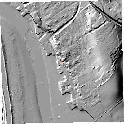 Shaded relief map of the ground around EX30AN, computed from Environment Agency LiDAR. The ground here sits at about 4 m above sea level and falls 18 m across the surrounding 800 m. Surface water reaching this point runs off ground lying to the north-north-east, 5.7 m higher.