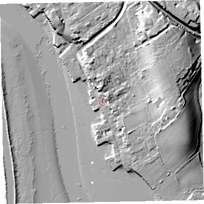 Shaded relief map of the ground around EX30AS, computed from Environment Agency LiDAR. The ground here sits at about 3 m above sea level and falls 18 m across the surrounding 800 m. Surface water reaching this point runs off ground lying to the north-east, 14.6 m higher.