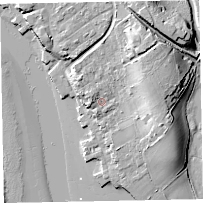 Shaded relief map of the ground around EX30AW, computed from Environment Agency LiDAR. The ground here sits at about 7 m above sea level and falls 18 m across the surrounding 800 m. Surface water reaching this point runs off ground lying to the north-east, 11.1 m higher.
