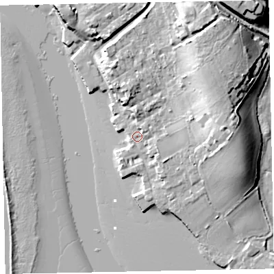 Shaded relief map of the ground around EX30AX, computed from Environment Agency LiDAR. The ground here sits at about 4 m above sea level and falls 18 m across the surrounding 800 m. Surface water reaching this point runs off ground lying to the east-north-east, 12.0 m higher.