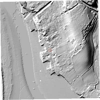 Shaded relief map of the ground around EX30AY, computed from Environment Agency LiDAR. The ground here sits at about 4 m above sea level and falls 18 m across the surrounding 800 m. Surface water reaching this point runs off ground lying to the east-north-east, 12.4 m higher.