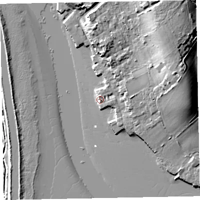 Shaded relief map of the ground around EX30AZ, computed from Environment Agency LiDAR. The ground here sits at about 4 m above sea level and falls 18 m across the surrounding 800 m. Surface water reaching this point runs off ground lying to the east-south-east, 2.1 m higher.