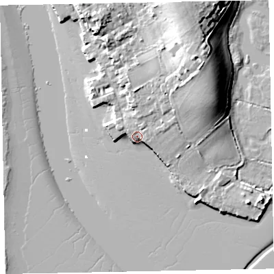 Shaded relief map of the ground around EX30BB, computed from Environment Agency LiDAR. The ground here sits at about 4 m above sea level and falls 17 m across the surrounding 800 m. Surface water reaching this point runs off ground lying to the north-east, 15.8 m higher.