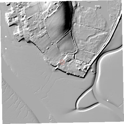 Shaded relief map of the ground around EX30BE, computed from Environment Agency LiDAR. The ground here sits at about 3 m above sea level and falls 17 m across the surrounding 800 m. Surface water reaching this point runs off ground lying to the south-south-west, 1.5 m higher.