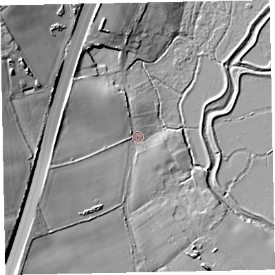Shaded relief map of the ground around EX30DB, computed from Environment Agency LiDAR. The ground here sits at about 4 m above sea level and falls 24 m across the surrounding 800 m. Surface water reaching this point runs off ground lying to the west-north-west, 9.8 m higher.