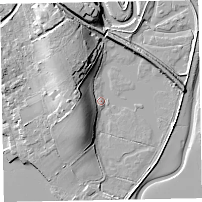 Shaded relief map of the ground around EX30FP, computed from Environment Agency LiDAR. The ground here sits at about 2 m above sea level and falls 18 m across the surrounding 800 m. Surface water reaching this point runs off ground lying to the west-south-west, 15.9 m higher.