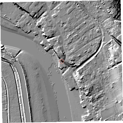 Shaded relief map of the ground around EX30HX, computed from Environment Agency LiDAR. The ground here sits at about 5 m above sea level and falls 18 m across the surrounding 800 m. Surface water reaching this point runs off ground lying to the north-east, 13.7 m higher.