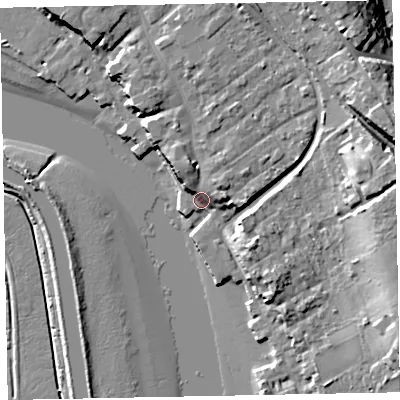 Shaded relief map of the ground around EX30HY, computed from Environment Agency LiDAR. The ground here sits at about 5 m above sea level and falls 18 m across the surrounding 800 m. Surface water reaching this point runs off ground lying to the north-east, 11.6 m higher.