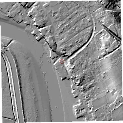 Shaded relief map of the ground around EX30HZ, computed from Environment Agency LiDAR. The ground here sits at about 3 m above sea level and falls 18 m across the surrounding 800 m. Surface water reaching this point runs off ground lying to the north-east, 13.2 m higher.