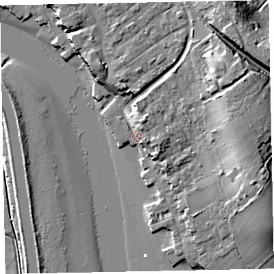 Shaded relief map of the ground around EX30JB, computed from Environment Agency LiDAR. The ground here sits at about 5 m above sea level and falls 18 m across the surrounding 800 m. Surface water reaching this point runs off ground lying to the north-east, 13.2 m higher.