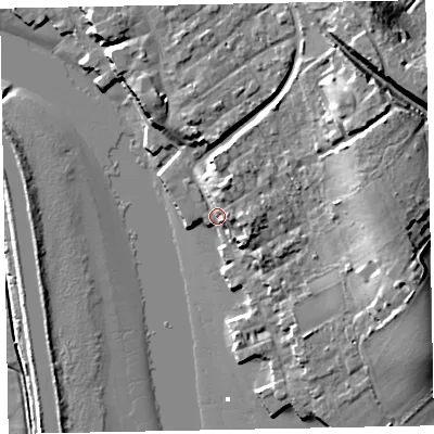 Shaded relief map of the ground around EX30JF, computed from Environment Agency LiDAR. The ground here sits at about 4 m above sea level and falls 18 m across the surrounding 800 m. Surface water reaching this point runs off ground lying to the north-east, 11.9 m higher.