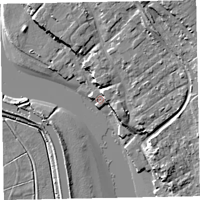 Shaded relief map of the ground around EX30JH, computed from Environment Agency LiDAR. The ground here sits at about 3 m above sea level and falls 19 m across the surrounding 800 m. Surface water reaching this point runs off ground lying to the north-north-east, 7.9 m higher.