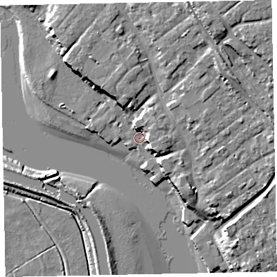 Shaded relief map of the ground around EX30JN, computed from Environment Agency LiDAR. The ground here sits at about 3 m above sea level and falls 19 m across the surrounding 800 m. Surface water reaching this point runs off ground lying to the south-east, 7.6 m higher.