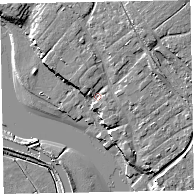 Shaded relief map of the ground around EX30JP, computed from Environment Agency LiDAR. The ground here sits at about 6 m above sea level and falls 19 m across the surrounding 800 m. Surface water reaching this point runs off ground lying to the north-east, 12.7 m higher.