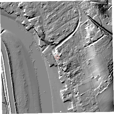 Shaded relief map of the ground around EX30JQ, computed from Environment Agency LiDAR. The ground here sits at about 7 m above sea level and falls 18 m across the surrounding 800 m. Surface water reaching this point runs off ground lying to the north-east, 13.2 m higher.