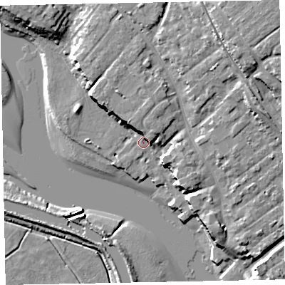 Shaded relief map of the ground around EX30JT, computed from Environment Agency LiDAR. The ground here sits at about 4 m above sea level and falls 19 m across the surrounding 800 m. Surface water reaching this point runs off ground lying to the north-north-west, 6.8 m higher.