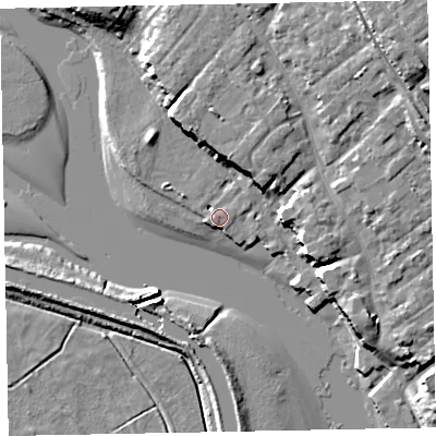 Shaded relief map of the ground around EX30JU, computed from Environment Agency LiDAR. The ground here sits at about 3 m above sea level and falls 19 m across the surrounding 800 m. Surface water reaching this point runs off ground lying to the west, 2.0 m higher.