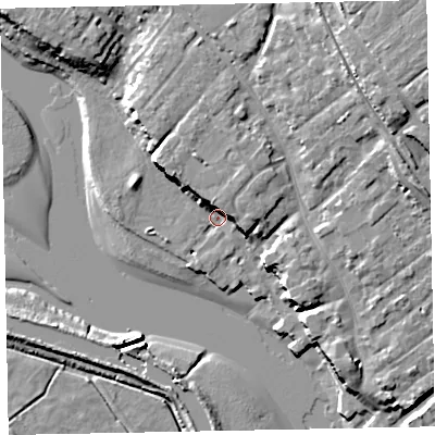 Shaded relief map of the ground around EX30JW, computed from Environment Agency LiDAR. The ground here sits at about 3 m above sea level and falls 19 m across the surrounding 800 m. Surface water reaching this point runs off ground lying to the north-north-west, 9.2 m higher.