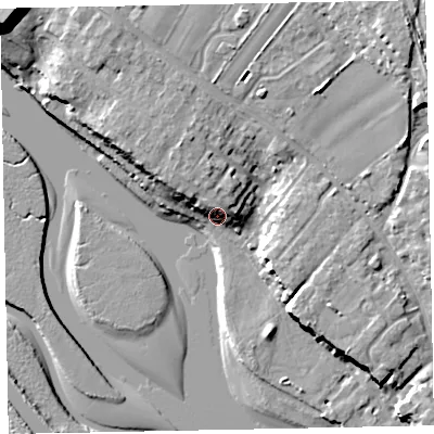 Shaded relief map of the ground around EX30LR, computed from Environment Agency LiDAR. The ground here sits at about 7 m above sea level and falls 20 m across the surrounding 800 m. Surface water reaching this point runs off ground lying to the north, 6.6 m higher.