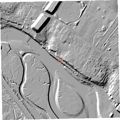 Shaded relief map of the ground around EX30LS, computed from Environment Agency LiDAR. The ground here sits at about 5 m above sea level and falls 20 m across the surrounding 800 m. Surface water reaching this point runs off ground lying to the north-north-west, 19.8 m higher.