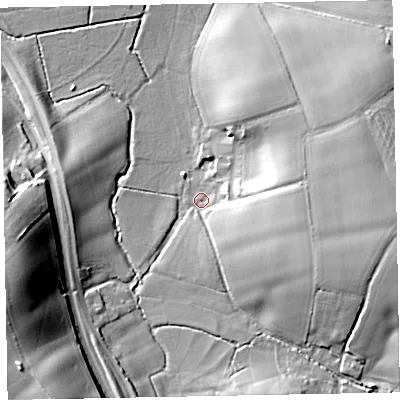 Shaded relief map of the ground around EX30NT, computed from Environment Agency LiDAR. The ground here sits at about 9 m above sea level and falls 25 m across the surrounding 800 m. Surface water reaching this point runs off ground lying to the east-south-east, 17.1 m higher.
