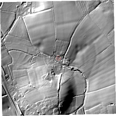 Shaded relief map of the ground around EX30NU, computed from Environment Agency LiDAR. The ground here sits at about 15 m above sea level and falls 24 m across the surrounding 800 m. Surface water reaching this point runs off ground lying to the east, 17.8 m higher.