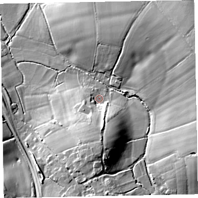 Shaded relief map of the ground around EX30NY, computed from Environment Agency LiDAR. The ground here sits at about 16 m above sea level and falls 23 m across the surrounding 800 m. Surface water reaching this point runs off ground lying to the south, 12.0 m higher.