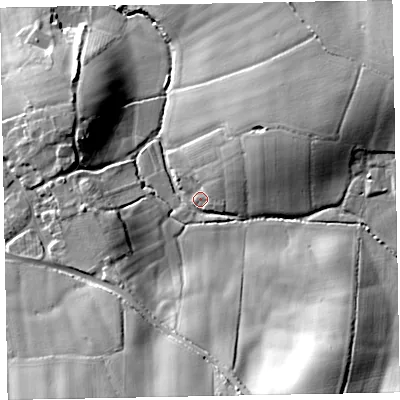 Shaded relief map of the ground around EX30NZ, computed from Environment Agency LiDAR. The ground here sits at about 21 m above sea level and falls 27 m across the surrounding 800 m. Surface water reaching this point runs off ground lying to the south-south-east, 21.3 m higher.