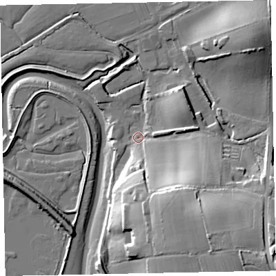 Shaded relief map of the ground around EX30PA, computed from Environment Agency LiDAR. The ground here sits at about 4 m above sea level and falls 35 m across the surrounding 800 m. Surface water reaching this point runs off ground lying to the south-east, 28.3 m higher.
