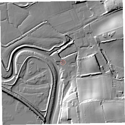 Shaded relief map of the ground around EX30PB, computed from Environment Agency LiDAR. The ground here sits at about 3 m above sea level and falls 33 m across the surrounding 800 m. Surface water reaching this point runs off ground lying to the south-east, 30.5 m higher.