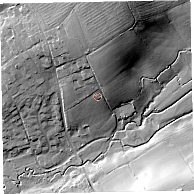 Shaded relief map of the ground around EX30PH, computed from Environment Agency LiDAR. The ground here sits at about 19 m above sea level and falls 37 m across the surrounding 800 m. Surface water reaching this point runs off ground lying to the north, 12.5 m higher.