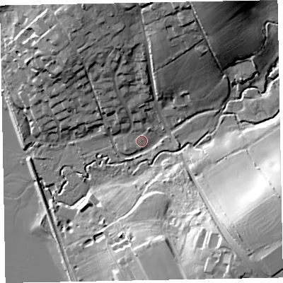 Shaded relief map of the ground around EX30PS, computed from Environment Agency LiDAR. The ground here sits at about 5 m above sea level and falls 32 m across the surrounding 800 m. Surface water reaching this point runs off ground lying to the north-north-east, 24.2 m higher.