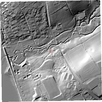 Shaded relief map of the ground around EX30PX, computed from Environment Agency LiDAR. The ground here sits at about 6 m above sea level and falls 33 m across the surrounding 800 m. Surface water reaching this point runs off ground lying to the east-south-east, 28.5 m higher.