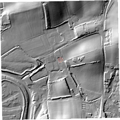 Shaded relief map of the ground around EX30QH, computed from Environment Agency LiDAR. The ground here sits at about 5 m above sea level and falls 34 m across the surrounding 800 m. Surface water reaching this point runs off ground lying to the east-north-east, 29.1 m higher.