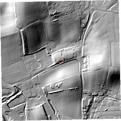 Shaded relief map of the ground around EX30QJ, computed from Environment Agency LiDAR. The ground here sits at about 19 m above sea level and falls 41 m across the surrounding 800 m. Surface water reaching this point runs off ground lying to the east-north-east, 4.8 m higher.