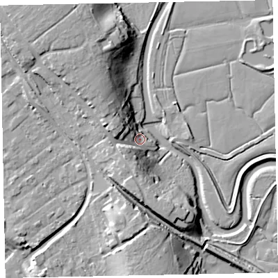 Shaded relief map of the ground around EX30QQ, computed from Environment Agency LiDAR. The ground here sits at about 6 m above sea level and falls 19 m across the surrounding 800 m. Surface water reaching this point runs off ground lying to the west-north-west, 15.1 m higher.