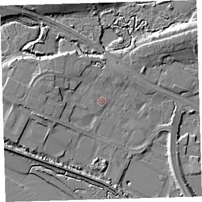 Shaded relief map of the ground around EX311AD, computed from Environment Agency LiDAR. The ground here sits at about 6 m above sea level and falls 11 m across the surrounding 800 m. Surface water reaching this point runs off ground lying to the west, 0.5 m higher.