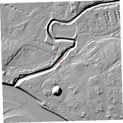 Shaded relief map of the ground around EX311AF, computed from Environment Agency LiDAR. The ground here sits at about 4 m above sea level and falls 21 m across the surrounding 800 m. Surface water reaching this point runs off ground lying to the east, 9.6 m higher.